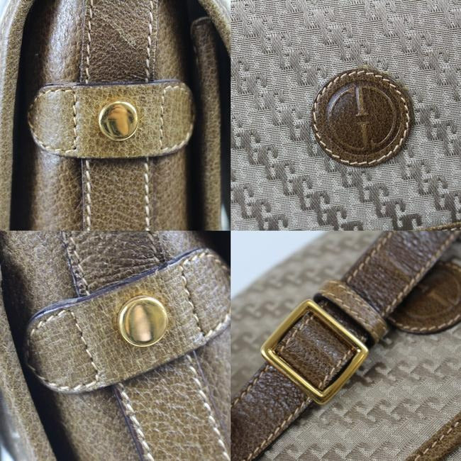 Gucci Vintage Dark Khaki Square G Logo Print Canvas And Camel Leather Cross Body