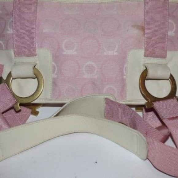 Vintage Ferragamo White Leather & Pink Fabric Gancini Print Satchel