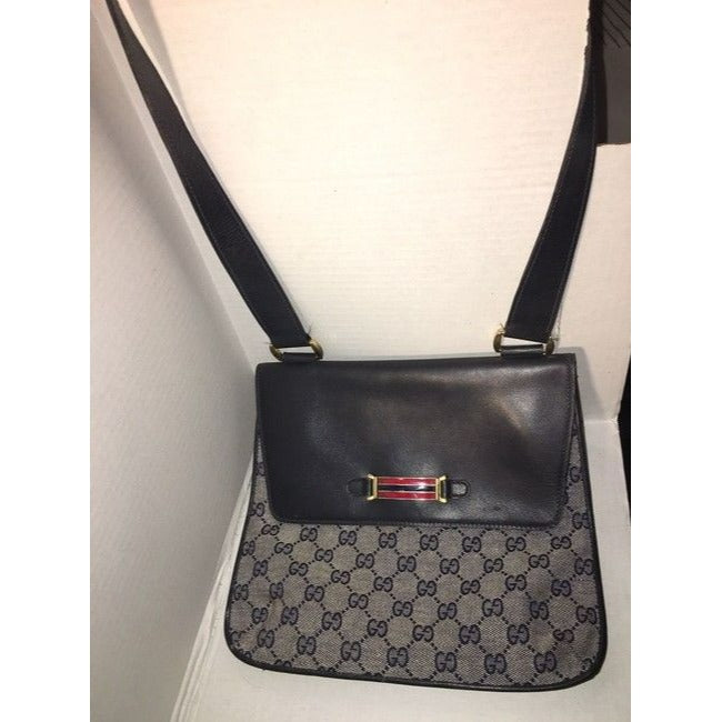 Gucci Vintage Navy Leather And Large G Logo Print Canvas With An Enamel Accents