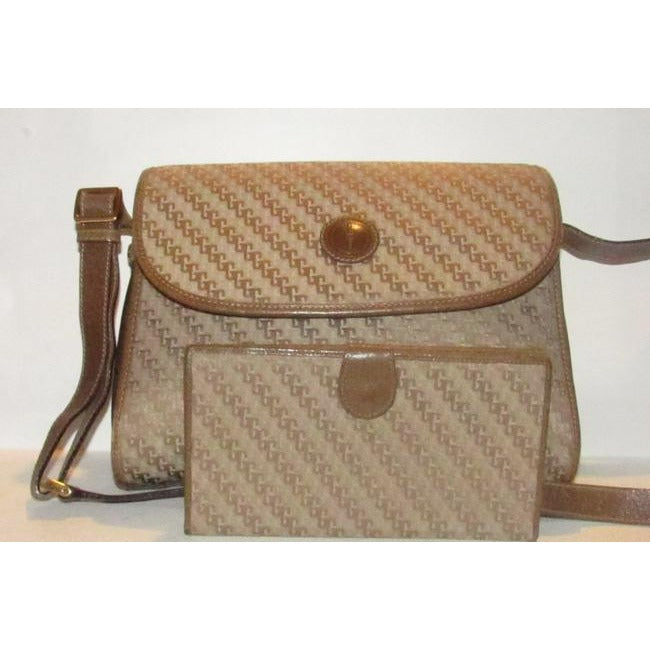 Gucci Vintage Dark Khaki Square G Logo Print Canvas And Camel Leather Cross Body