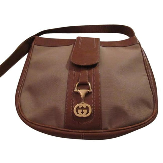 Gucci Vintage Tan Canvas Medium Brown Leather With Elaborate Center Clasp Leather