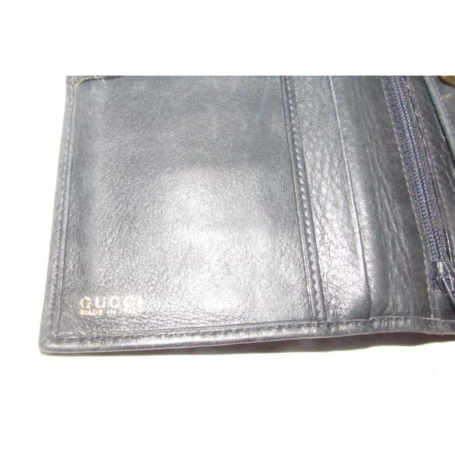 Gucci Navy Blue Leather With Gucci Logo Gold Horseshoe Vintage Continental Accent Wallet