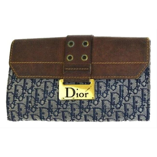 Dior Blue Trotter Logo Print Canvas And Brown Leather With Gold Accents Continental Wallet