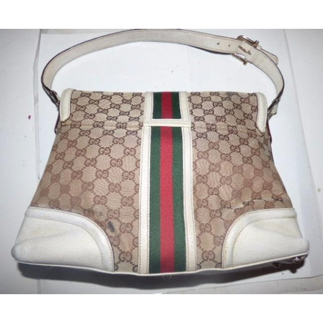 Gucci Vintage Pursesdesigner Purses White And Brown With Red And Green Leather Canvas Satchel