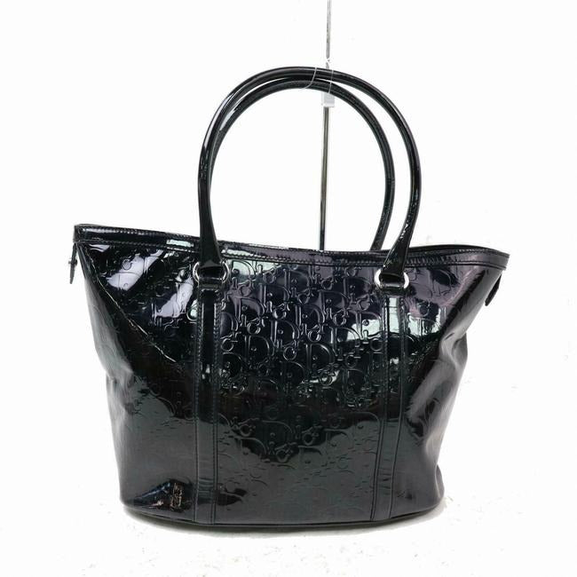 Dior Satchel Or Black Glossy Embossed Trotter Logo Print Enamel Leather Patent Tote