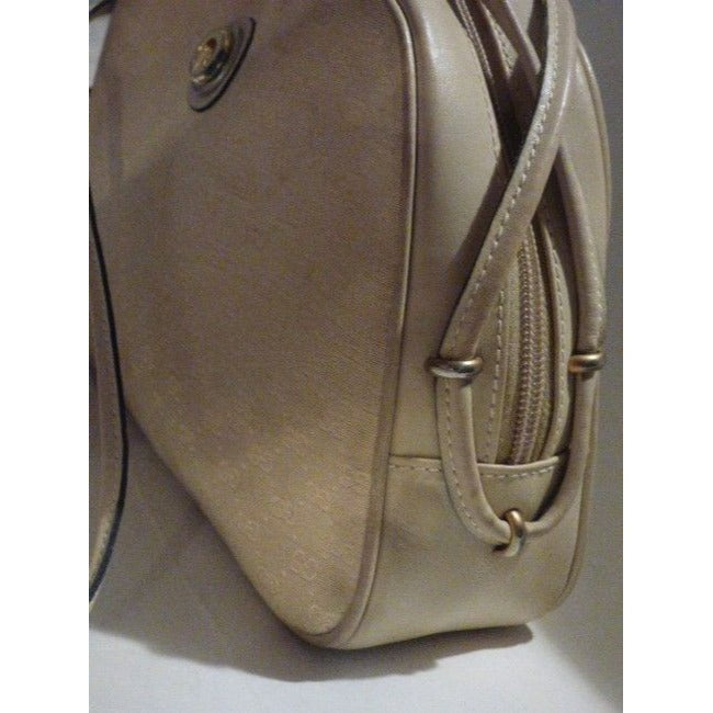 Gucci Vintage Ivory Canvas With Small G Logo And Stone Leather Shoulder Bag