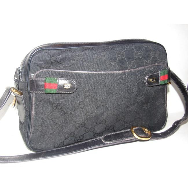 Gucci W Guccissima Sherry Stripes Black G Print Red Green Leather Canvas Shoulder Bag