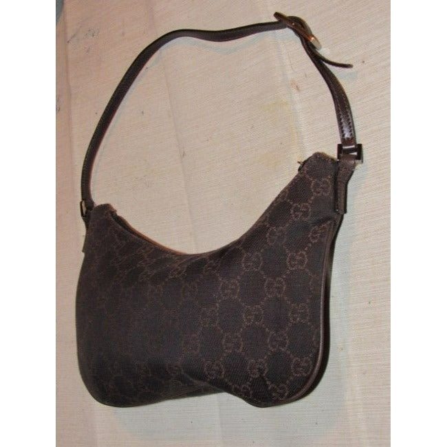 Gucci, petite, brown Guccissima print canvas & brown leather, hobo style, kidney shaped purse with chrome hardware & zip top closure