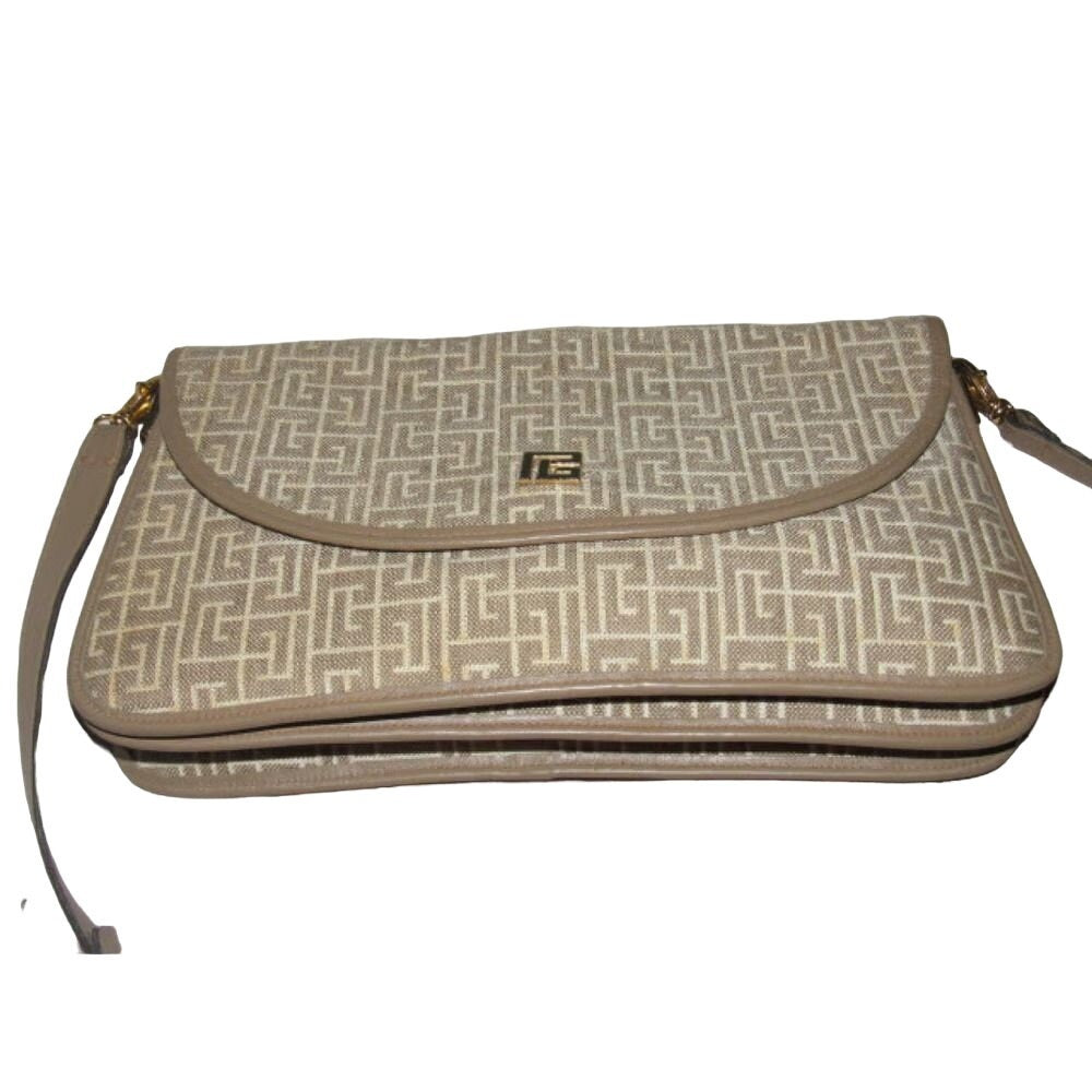 Vintage, Pierre Balmain, beige and white, geometric, "subway" print fabric and beige leather, two-way style, clutch or shoulder bag