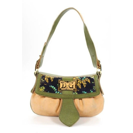 Dolce And Gabbana Pursesdesigner Purses Peach Suede And Olive Green Python Leather With Floral Desig