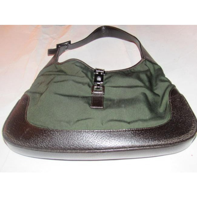 Gucci Vintage Olive Green Canvas And Brown Leather Hobo Bag