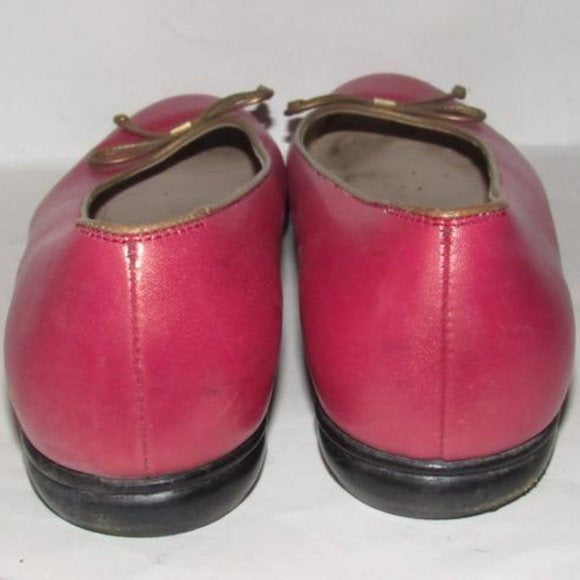 Salvatore Ferragamo Pink Leather Vintage Ballet Flats With Metallic Taupe Trim And Bows