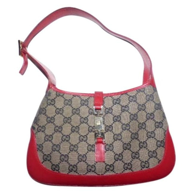 Gucci Jackie Shoulder Guccissima Print Style Top Handle Red And Brown G Logo Leather Hobo Bag