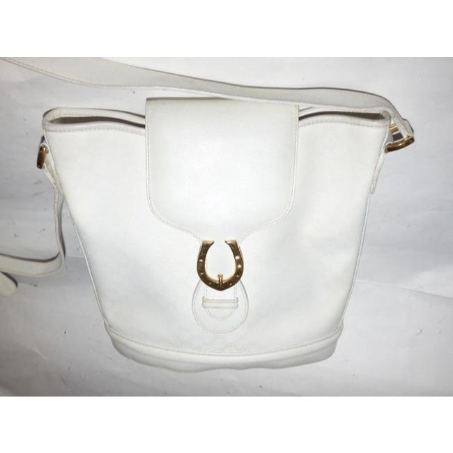 Gucci White Micro Logo Print Leather Horseshoe Bucket Bag