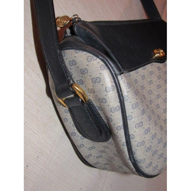 Gucci Vintage Navy Blue Small G Logo Print On Coated Canvas And Navy Leather