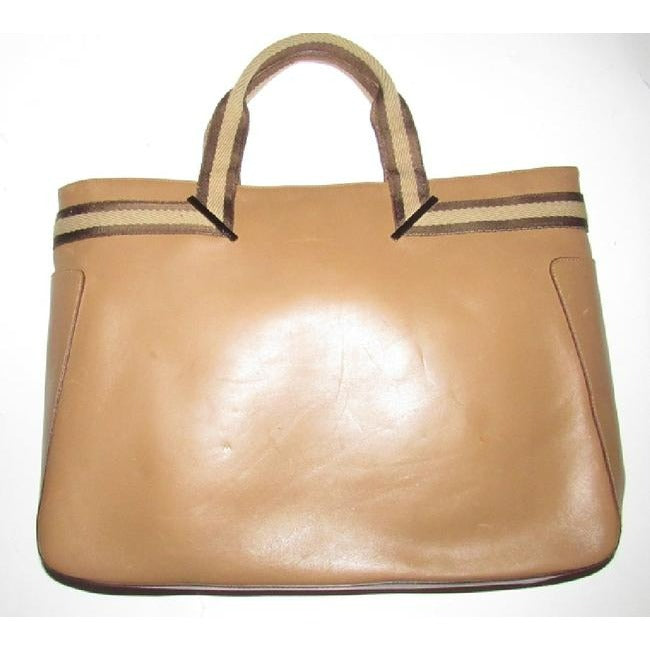 Gucci Vintage Tan Leather With Tan And Brown Striped Accents Fabric Handles