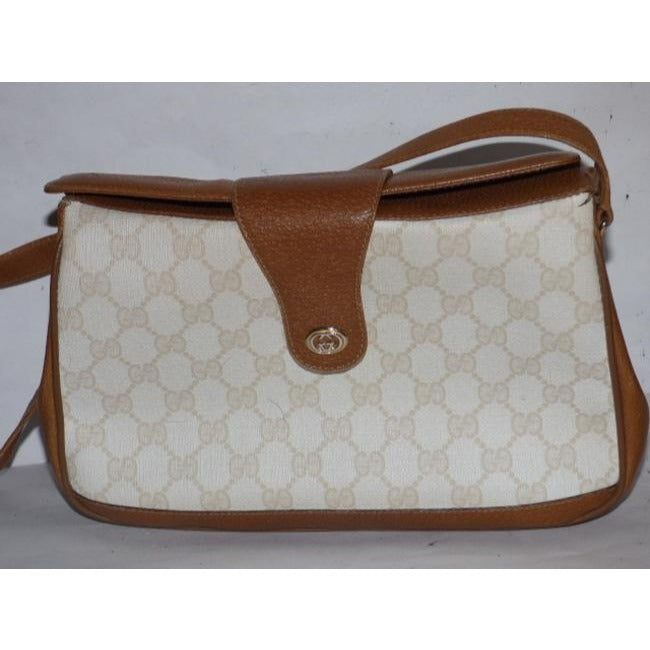 Gucci Vintage Purses Ivory Coated Canvas With Camel Large G Logo Leather