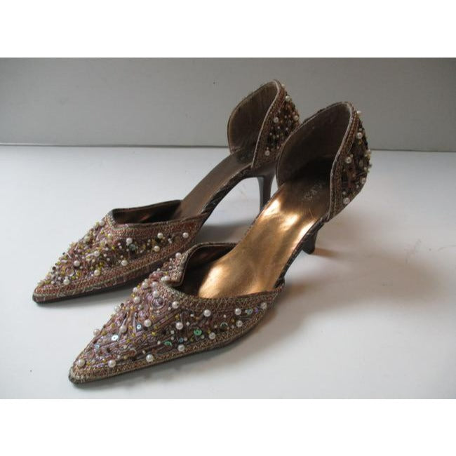 Mps Shoes Gold Champagne Pointed Toe Beaded Sequin Pumps Size Us