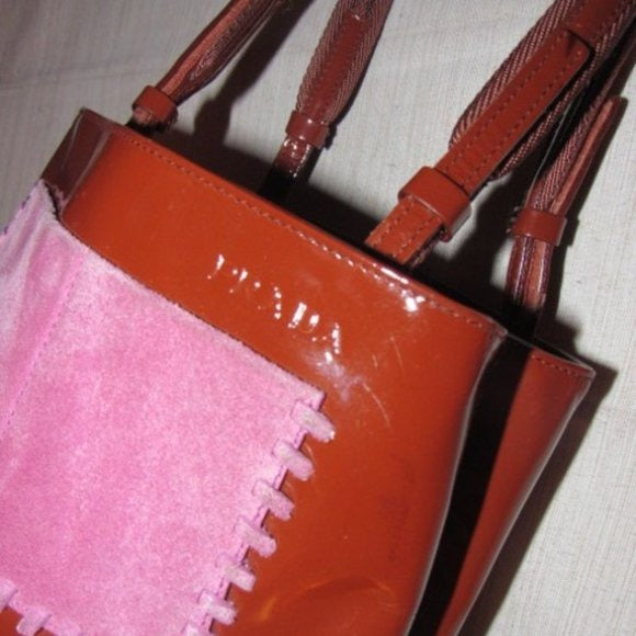 Prada Vintage Red Patent Leather And Pink Suede Petite Whipstitched Tote Bag