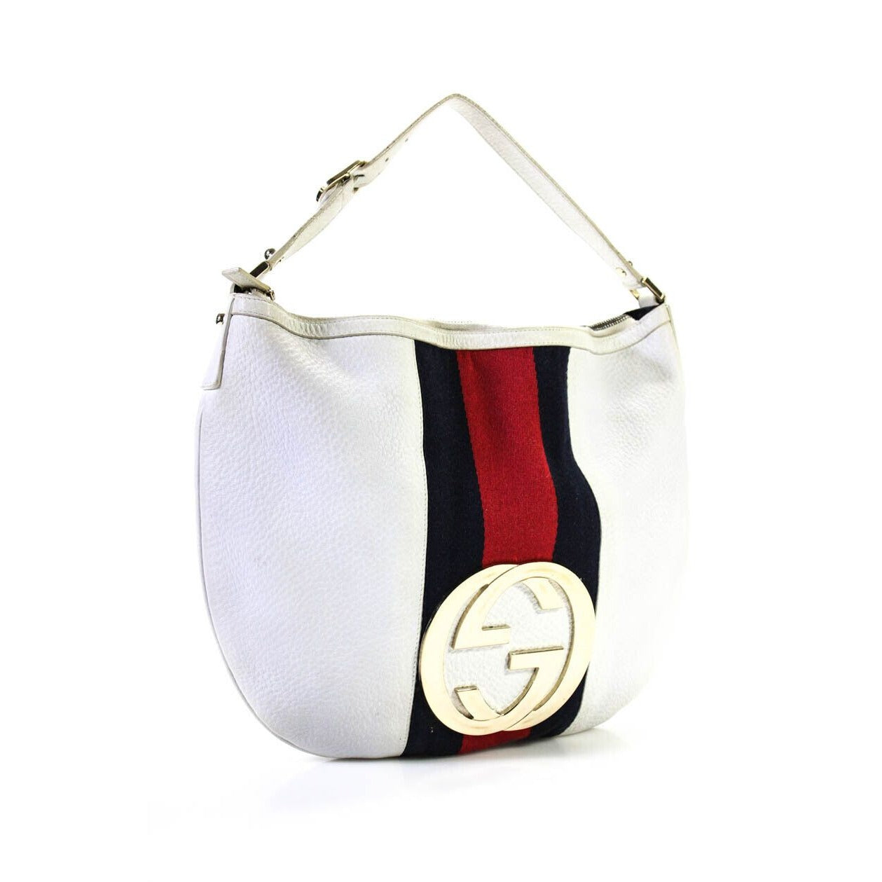 RARE, Gucci 'Blondie', white textured leather, hobo bag style, shoulder bag with a wide red and blue Sherry stripe, an XL gold 'GG' emblem