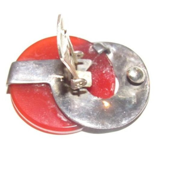 Art Deco Judith Jack Marcasite and Red Prystal Bakelite in Sterling Silver Clip On Earrings