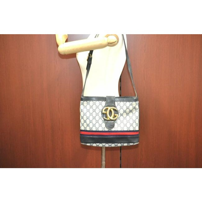 RARE, vintage Gucci, navy Guccissima print leather, satchel style, bucket bag with blue and red stripe