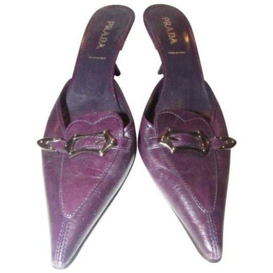 PRADA Purple Leather w Chrome Buckle Kitten Heels
