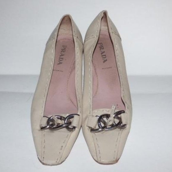 Prada Ivory Squared Pointy Toe Kitten Heel with Chrome  Chain