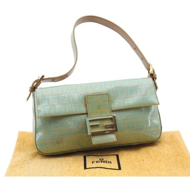 Fendi Xl W Print Enamel Ff Clasp Aqua Zucchino On Goldkhaki Patent Leather Baguette