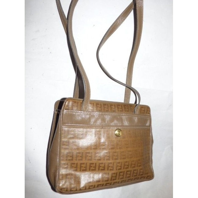 Fendi W Ctd Canvasleather Two Longer Straps Yellowbrown Zucchino Print Canvas And Leather Satchel