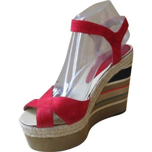 Red Suede Striped Cork Foam Platform Sandals Size Us