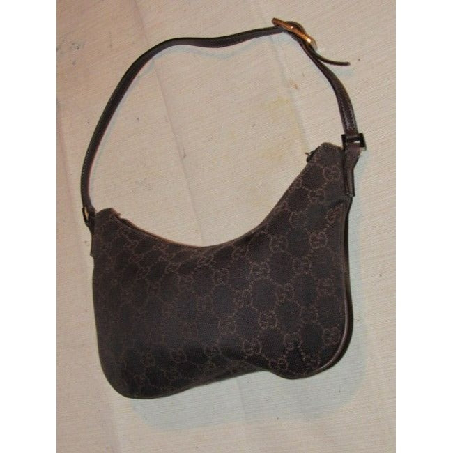 Gucci, petite, brown Guccissima print canvas & brown leather, hobo style, kidney shaped purse with chrome hardware & zip top closure