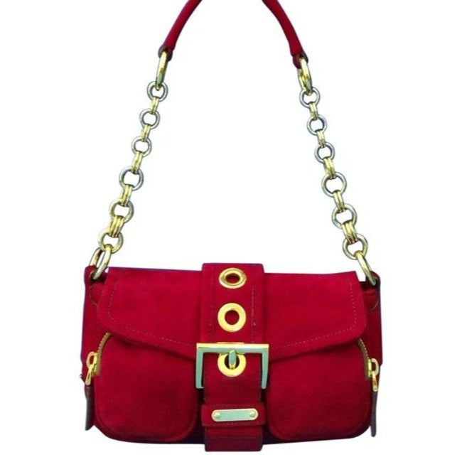 Prada Pattina Double Zip Pocket Rubino Camoscio Red Suede W Gold Chain And Leather Baguette