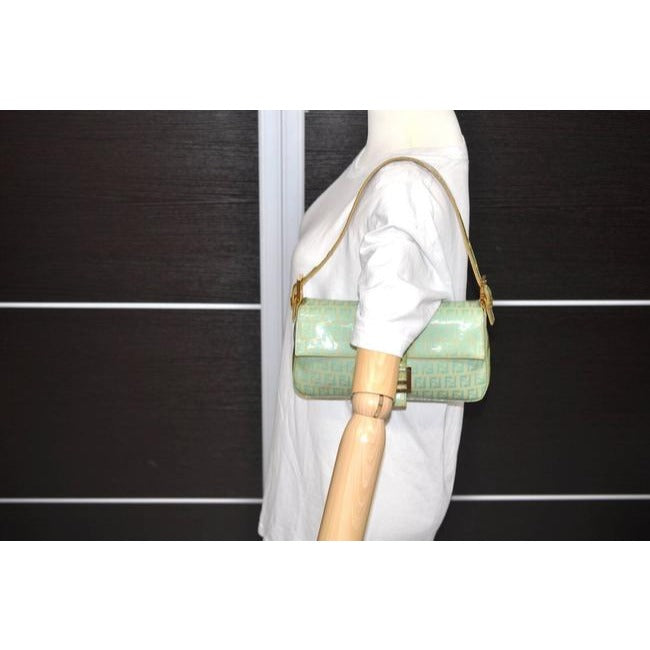 Fendi Xl W Print Enamel Ff Clasp Aqua Zucchino On Goldkhaki Patent Leather Baguette