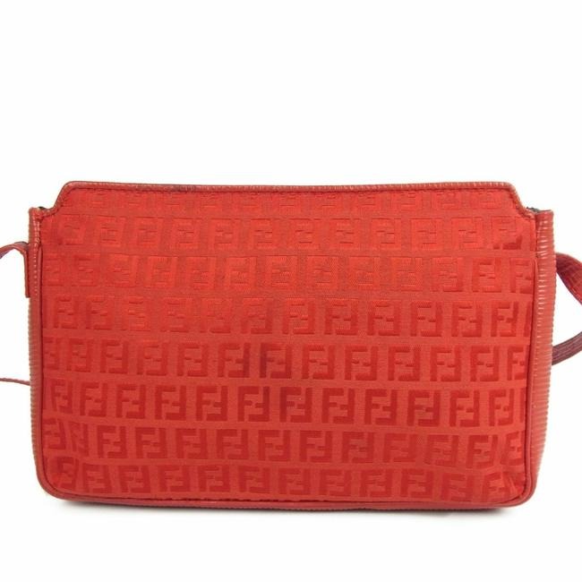 Fendi Purse Red Zucchino Or Small F Logo Print Canvas And Red Leather Shoulder Bag