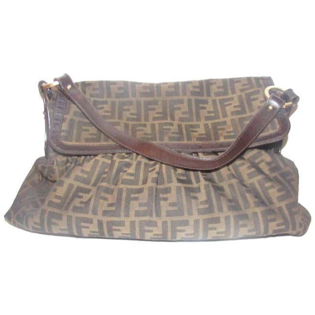 Fendi Xl Ruched Canvasleather Chef Style Tobacco Zucco Print Leather And Canvas Shoulder Bag