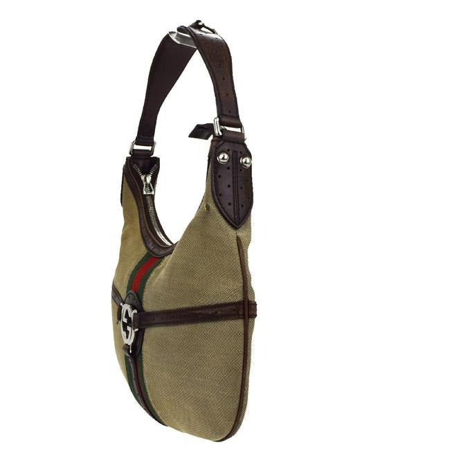 Gucci Vintage Khaki Canvas W Red Green Accent Leather Canvas Hobo Bag