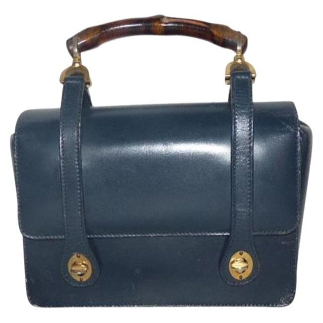 Gucci Vintage Navy Blue Leather And Bamboo Handle Satchel