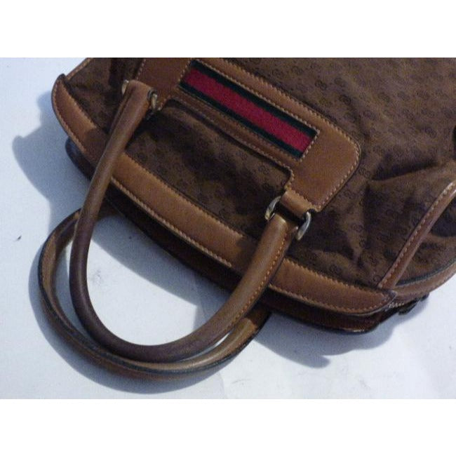 Gucci Vintage Dark Brown Small G Logo Print Fabric And Camel Leather With Red Green Stripe