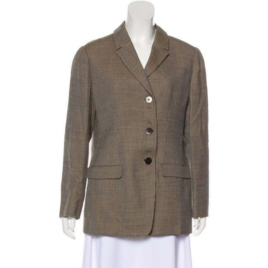 Giorgio Armani Tan Beige And Black Plaid Print Lightweight Wool Blazer