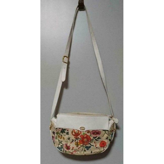 Gucci Garden Souvenir Style Cross Body Colorful Flower Print White Leather And Canvas