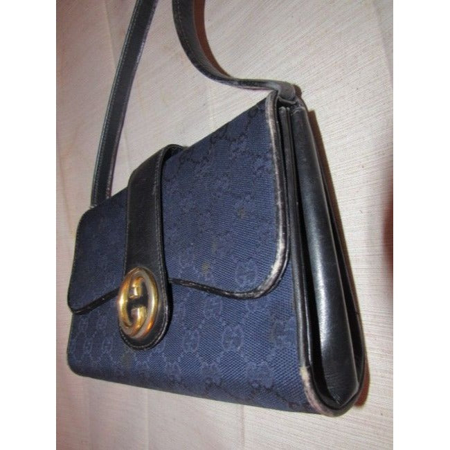 Gucci, deep blue Guccissima print canvas and black leather, envelope top, 1973 two-way-shoulder purse