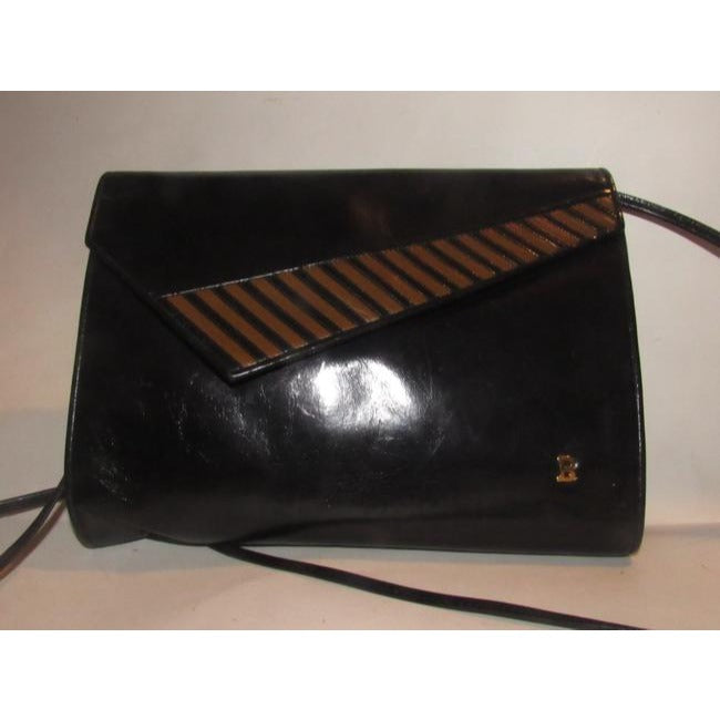 Bally Vintage Pursesdesigner Purses Black Glossy Leather With Asymmetrical Brown And Black Striped E