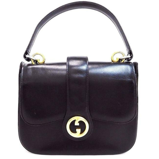 RARE, vintage Gucci, mod, black leather, two-way top handle style purse with gold tone accents