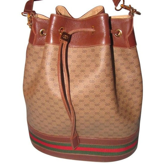 Gucci Brown Micro Guccissima Print Leather Bucket Bag w Red/Green Sttripe