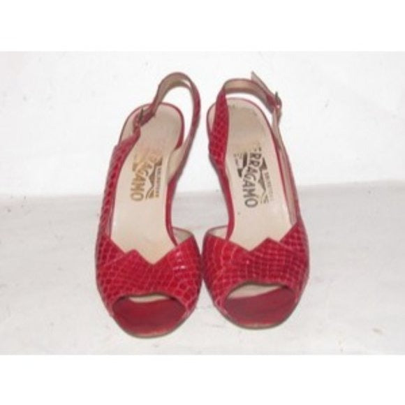 Salvatore Ferragamo Red Snakeskin Leather D'Orsay Sandals