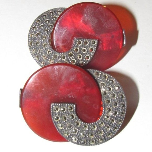 Art Deco Judith Jack Marcasite and Red Prystal Bakelite in Sterling Silver Clip On Earrings