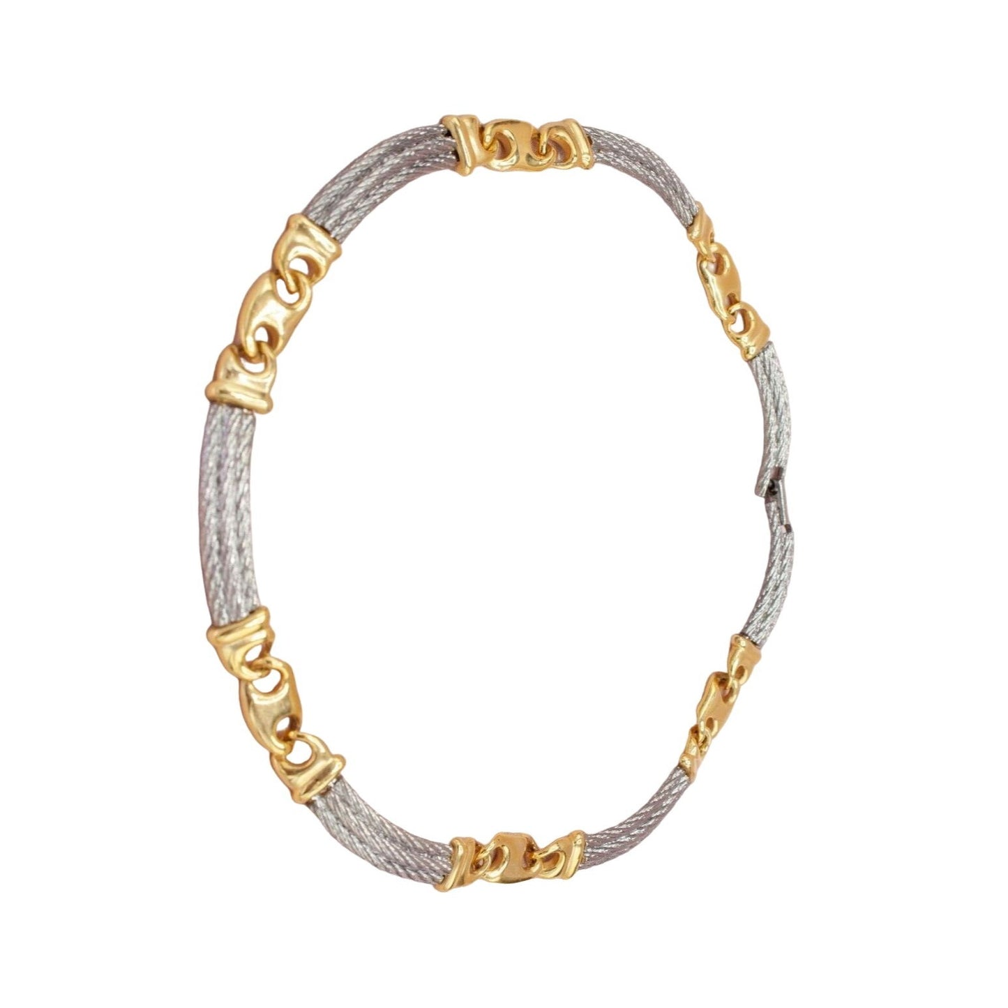 Paolo Gucci, 17" long , two-tone necklace made from interlocking, polished, gold, 'Gucci' mariner and brushed silver rope links