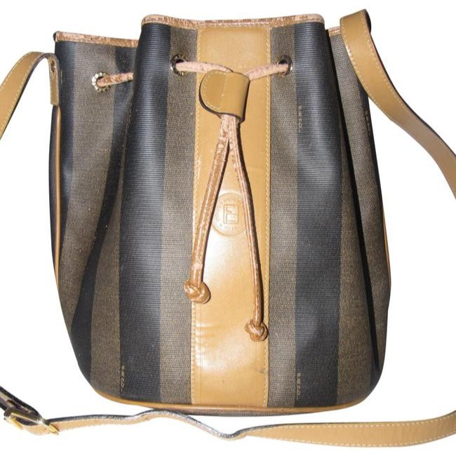 Fendi Vintage Pursesdesigner Purses Wide Striped Coated Canvas In Shades Of Brown And Camel Leather