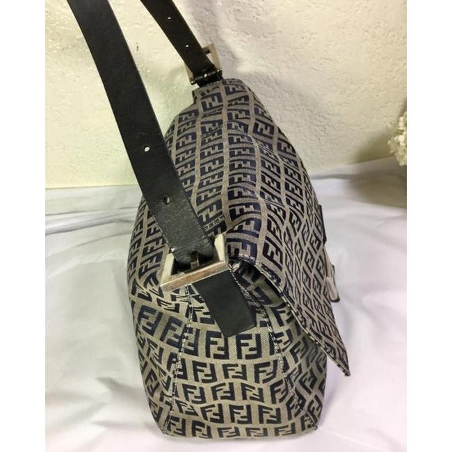 Fendi W Mamma Forever Canvasleather Chrome Ff Navy Zucchino Print On Grey Canvas And Leather Shoulde